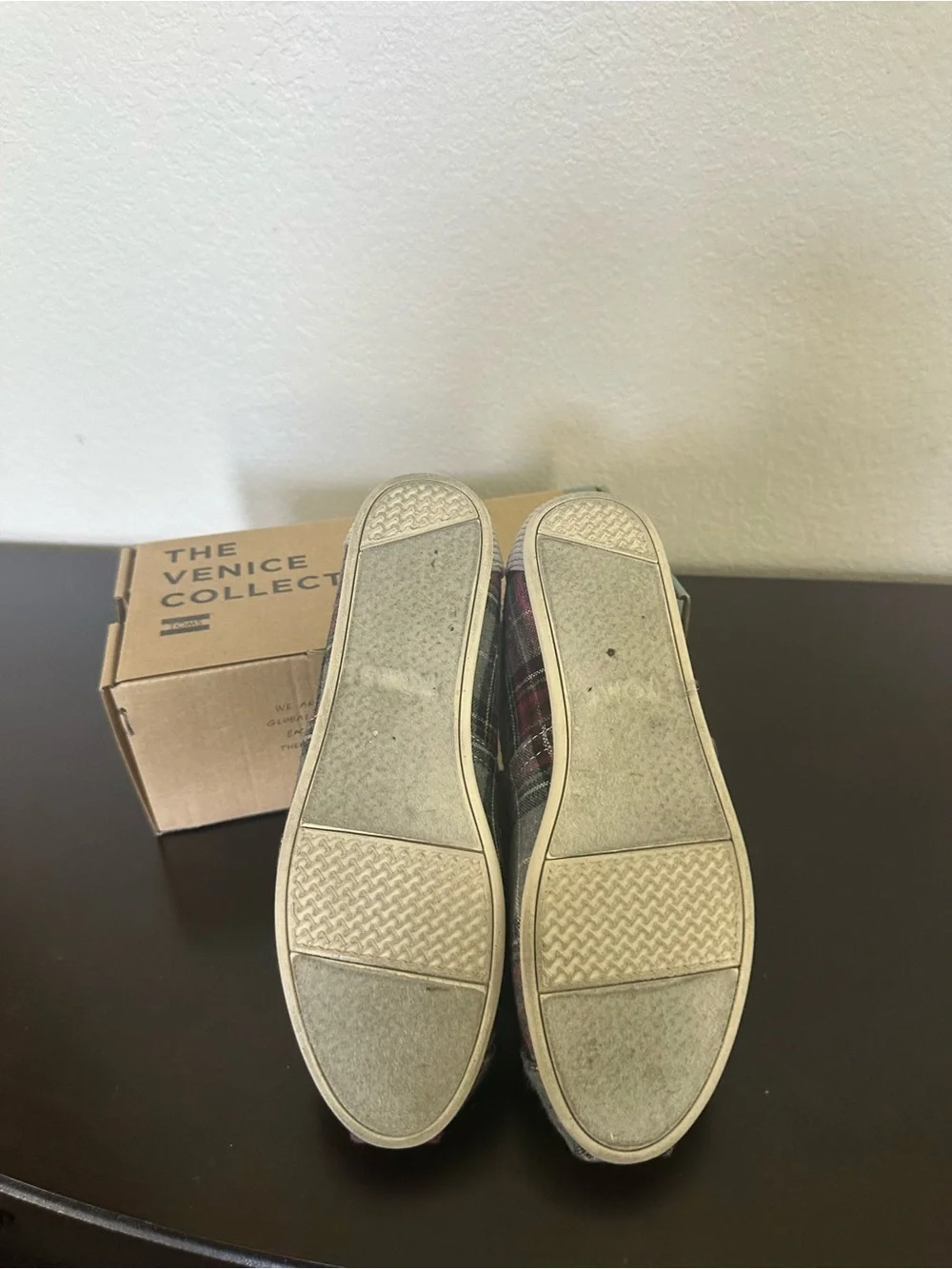 Toms Plaid Grey and Burgundy Slip-On Flats